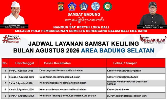 JADWAL LAYANAN SAMSAT KELILING BULAN AGUSTUS 2026 UNTUK AREA BADUNG SELATAN
