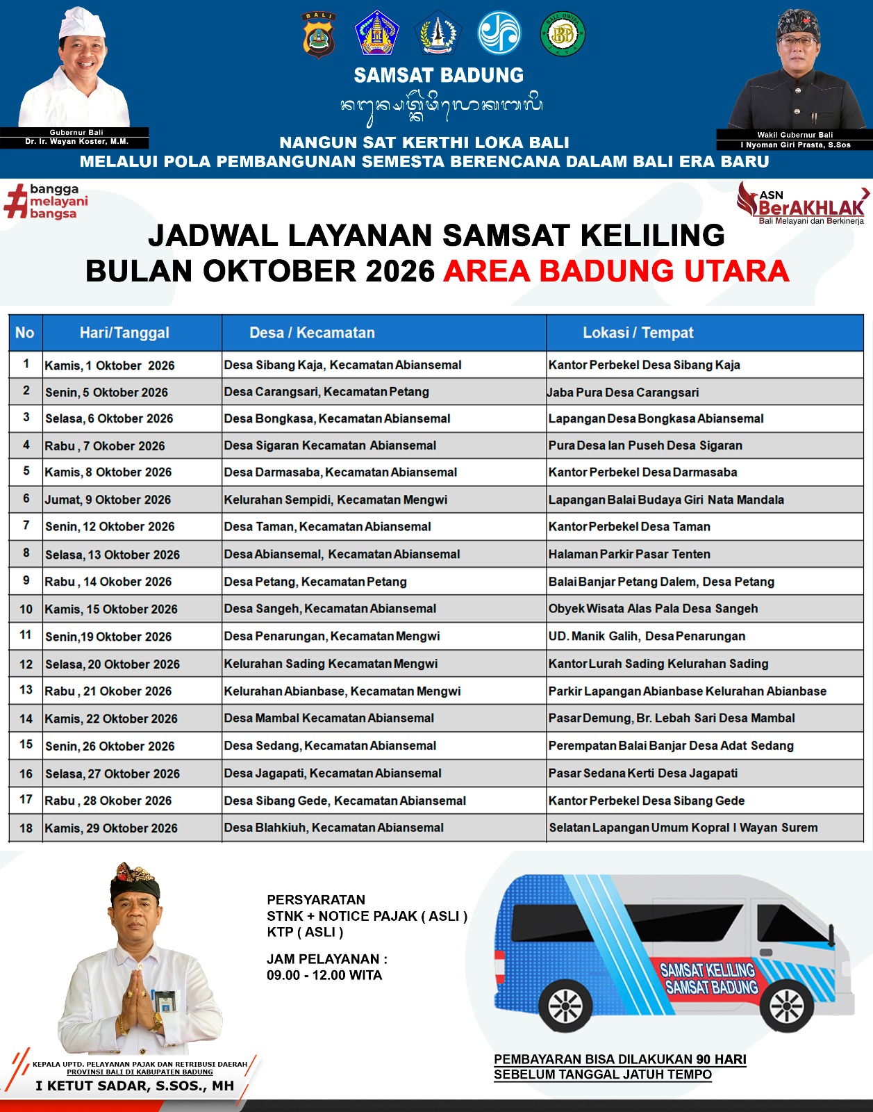 JADWAL LAYANAN SAMSAT KELILING BULAN OKTOBER 2026 UNTUK AREA BADUNG UTARA