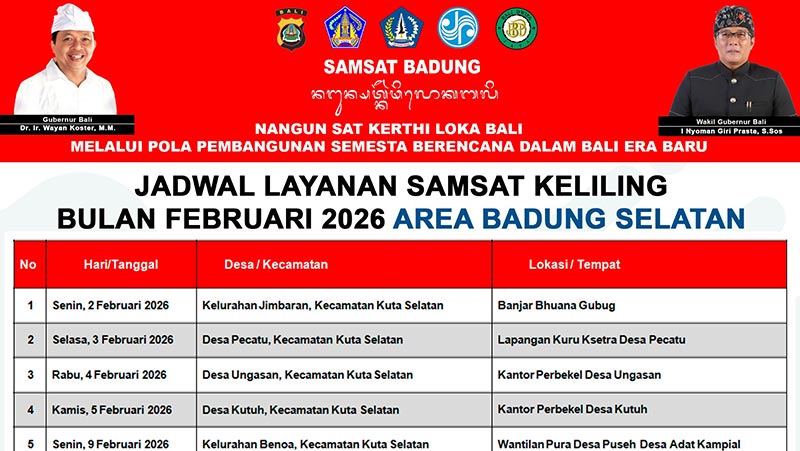 JADWAL LAYANAN SAMSAT KELILING BULAN FEBRUARI 2026 UNTUK AREA BADUNG SELATAN