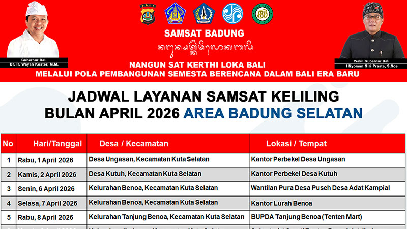 JADWAL LAYANAN SAMSAT KELILING BULAN APRIL 2026 UNTUK AREA BADUNG SELATAN