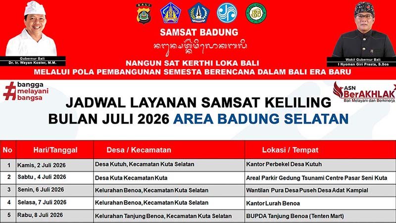 JADWAL LAYANAN SAMSAT KELILING BULAN JULI 2026 UNTUK AREA BADUNG SELATAN