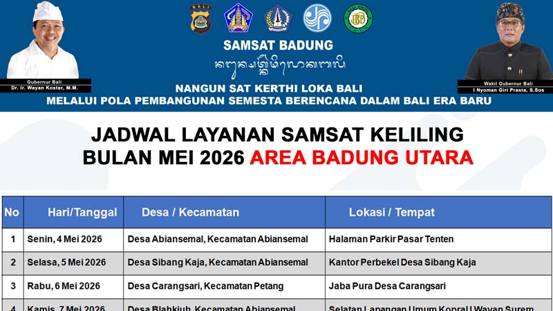 JADWAL LAYANAN SAMSAT KELILING BULAN MEI 2026 UNTUK AREA BADUNG UTARA