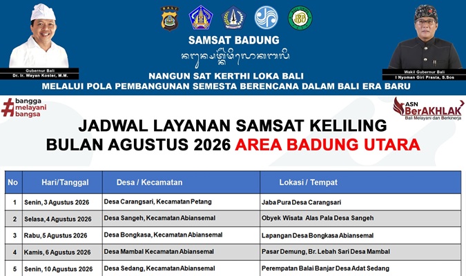 JADWAL LAYANAN SAMSAT KELILING BULAN AGUSTUS 2026 UNTUK AREA BADUNG UTARA