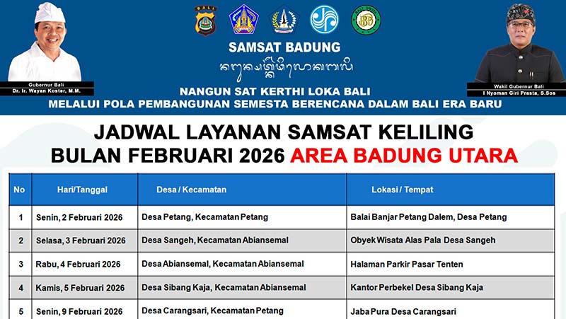 JADWAL LAYANAN SAMSAT KELILING BULAN FEBRUARI 2026 UNTUK AREA BADUNG UTARA