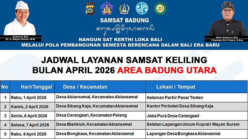 JADWAL LAYANAN SAMSAT KELILING BULAN APRIL 2026 UNTUK AREA BADUNG UTARA