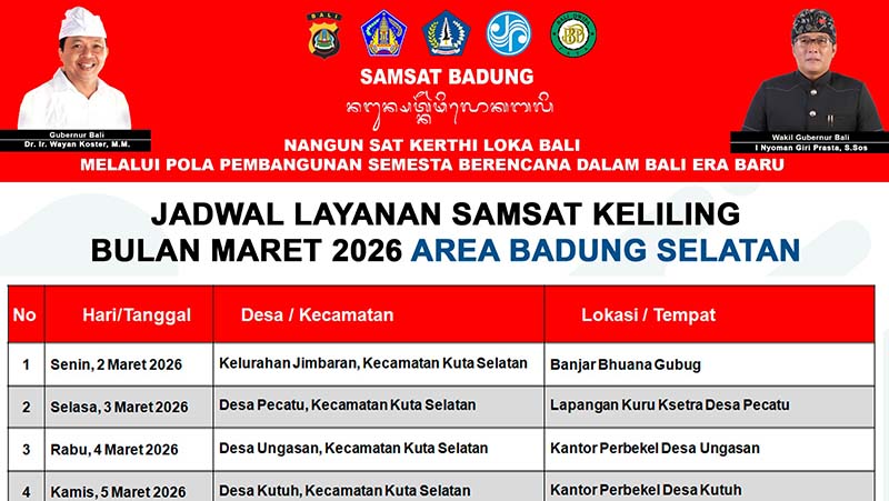 JADWAL LAYANAN SAMSAT KELILING BULAN JUNI 2026 UNTUK AREA BADUNG SELATAN