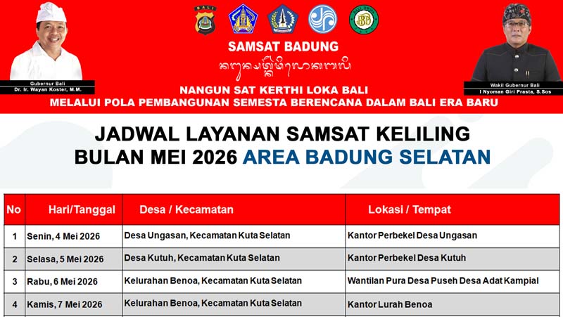 JADWAL LAYANAN SAMSAT KELILING BULAN MEI 2026 UNTUK AREA BADUNG SELATAN