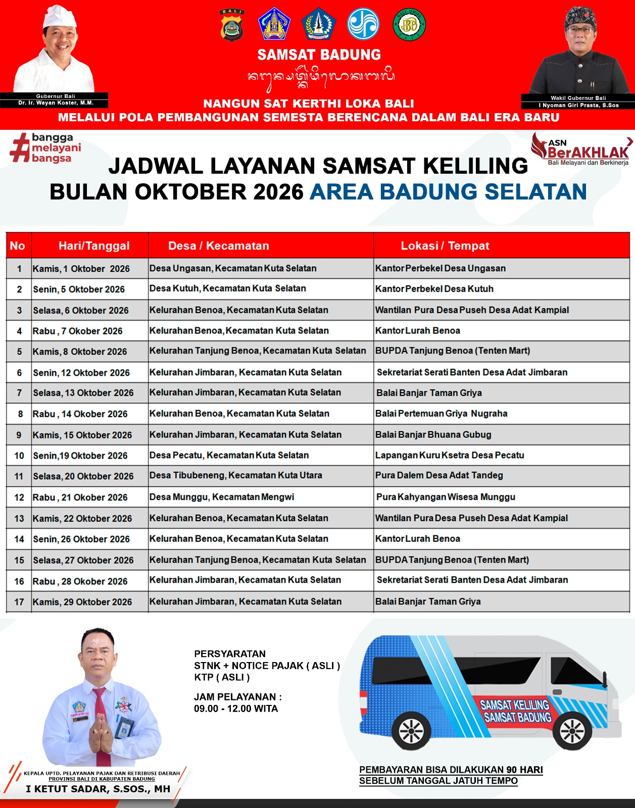 JADWAL LAYANAN SAMSAT KELILING BULAN OKTOBER 2026 UNTUK AREA BADUNG SELATAN