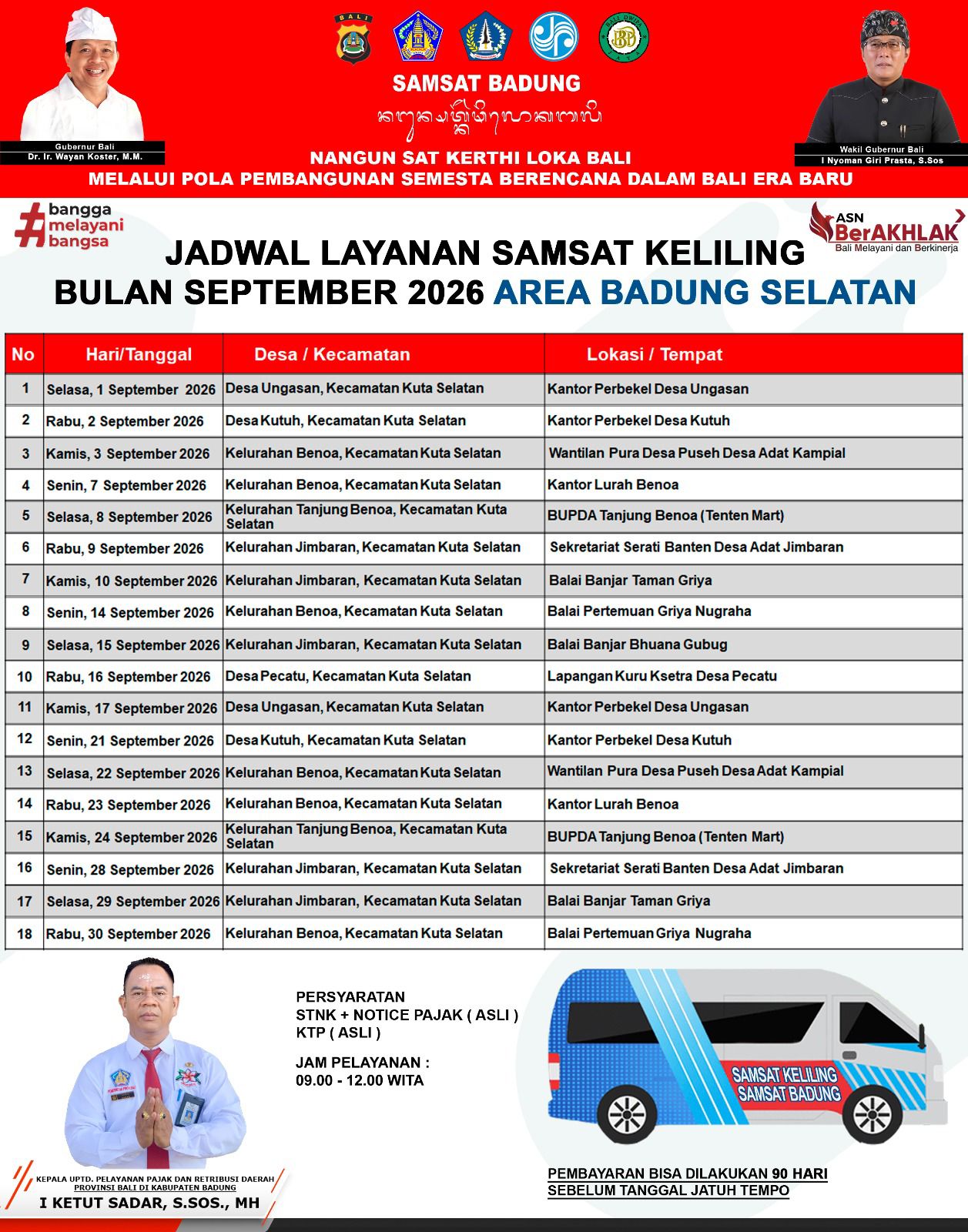 JADWAL LAYANAN SAMSAT KELILING BULAN SEPTEMBER 2026 UNTUK AREA BADUNG SELATAN