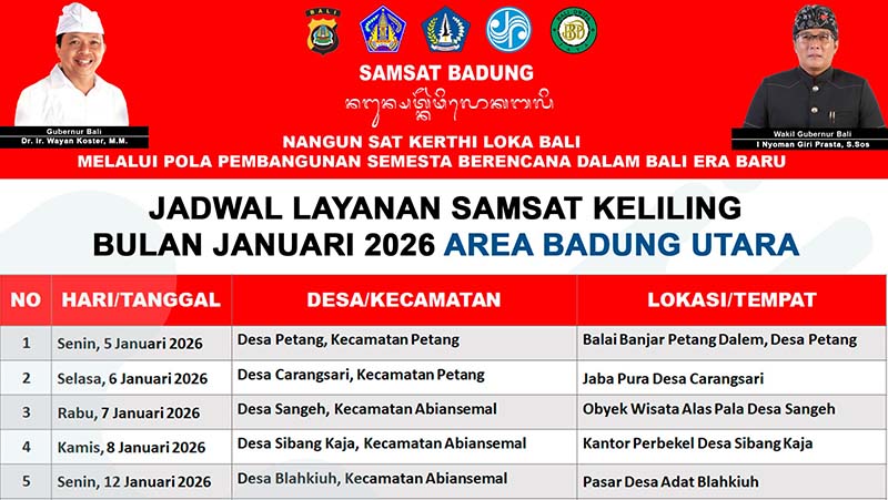 JADWAL LAYANAN SAMSAT KELILING BULAN JANUARI 2026 UNTUK AREA BADUNG UTARA