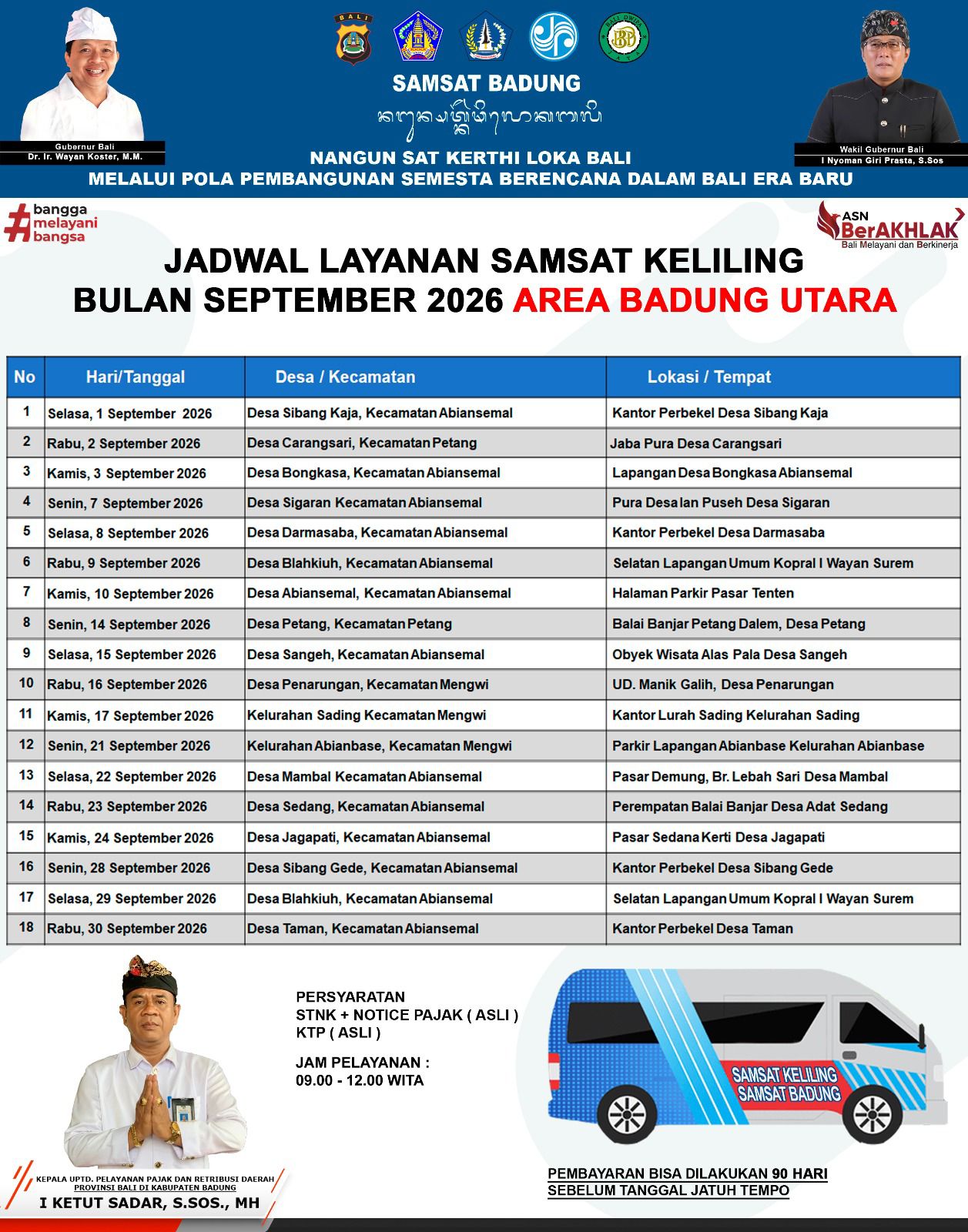 JADWAL LAYANAN SAMSAT KELILING BULAN SEPTEMBER 2026 UNTUK AREA BADUNG UTARA