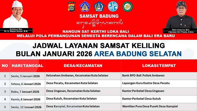 JADWAL LAYANAN SAMSAT KELILING BULAN JANUARI 2026 UNTUK AREA BADUNG SELATAN